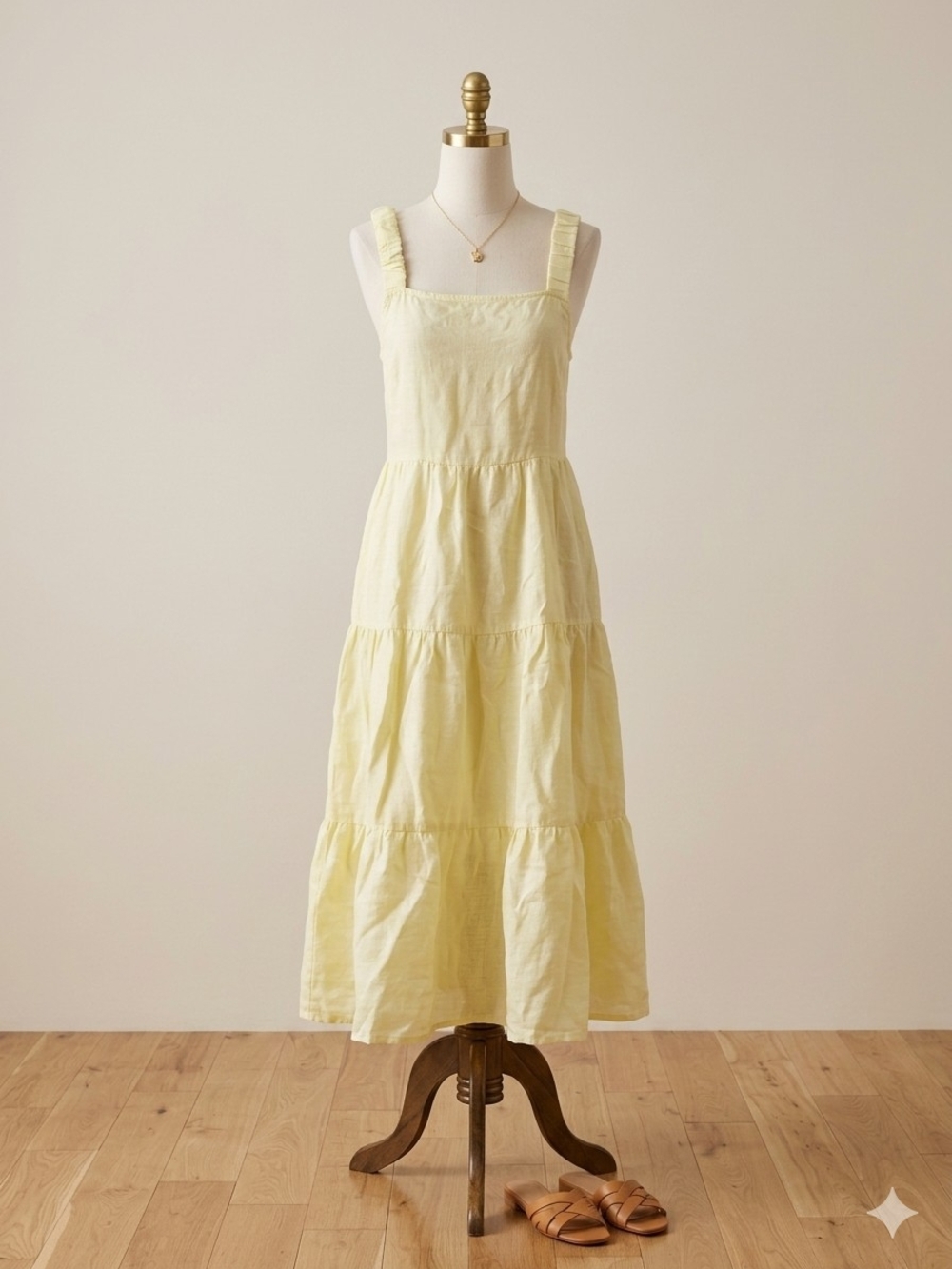 cloth & stone Pale 100% Linen Yellow Tiered Maxi Dress with Ruffled Straps